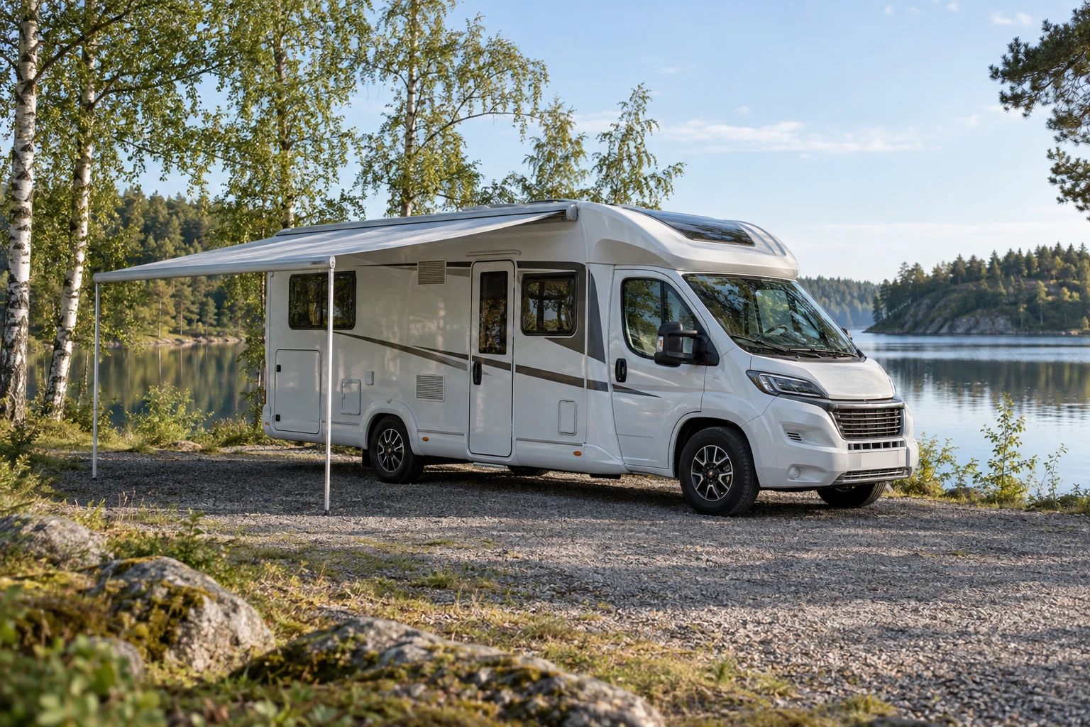 Välskött halvintegrerad husbil med utfälld markis vid en sjö