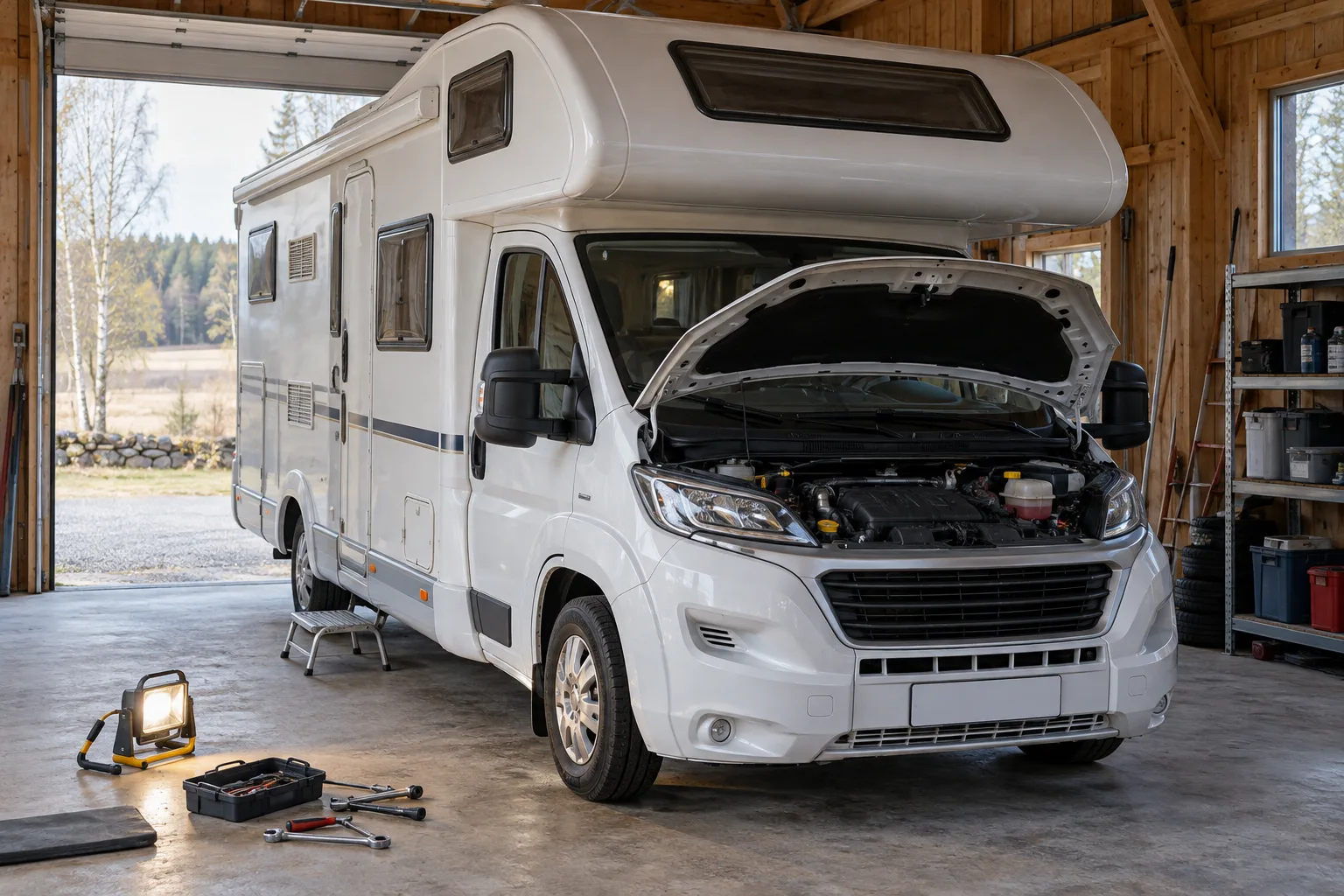 Alkovhusbil med öppen motorhuv i ett gårdsgarage