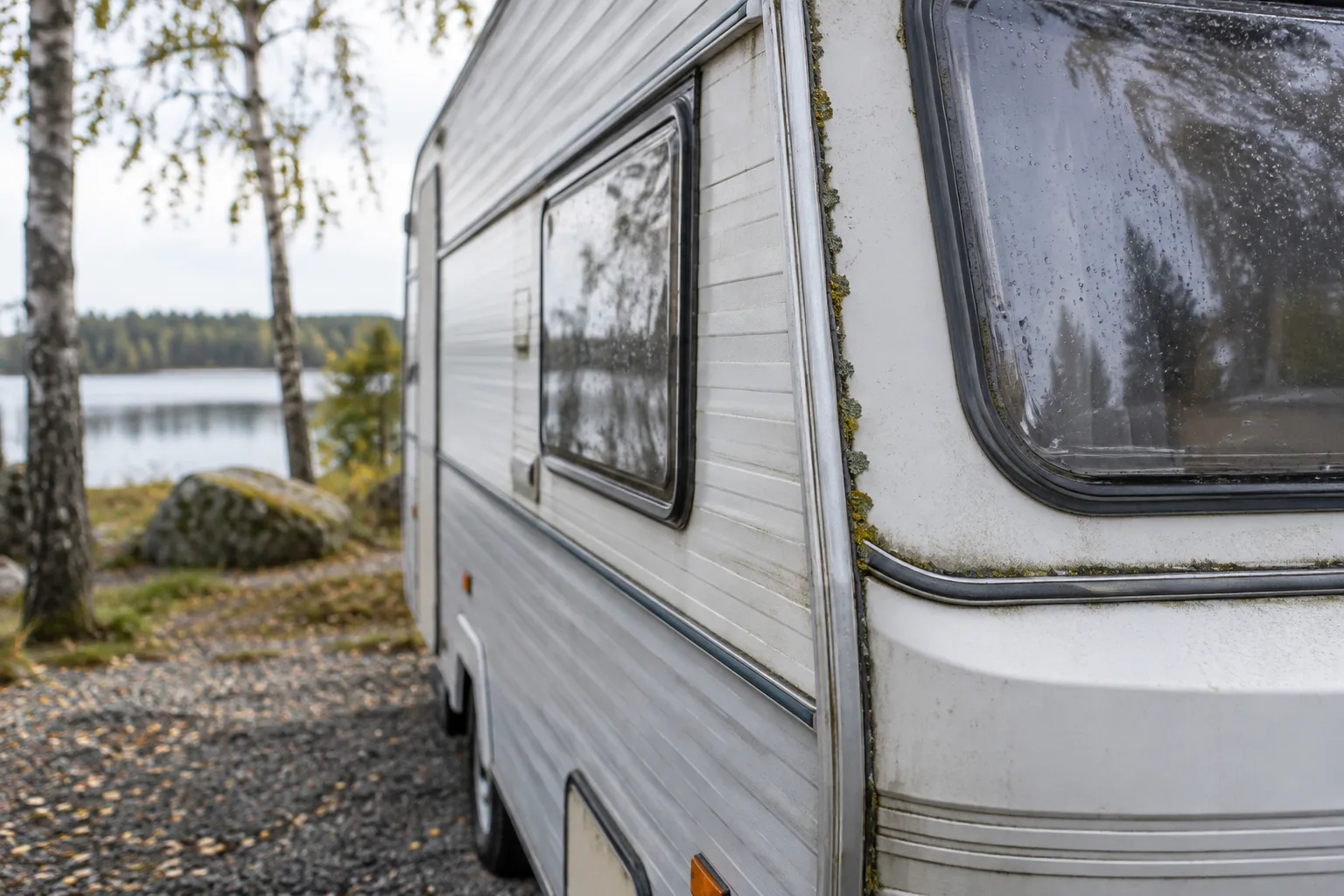 Väderbitet husvagnshörn med mossa och regndroppar