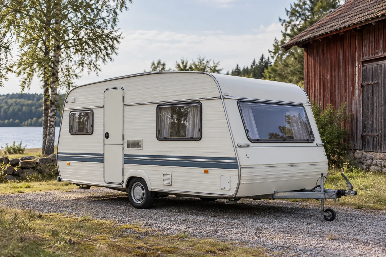 Välbevarad äldre husvagn vid en svensk trälada