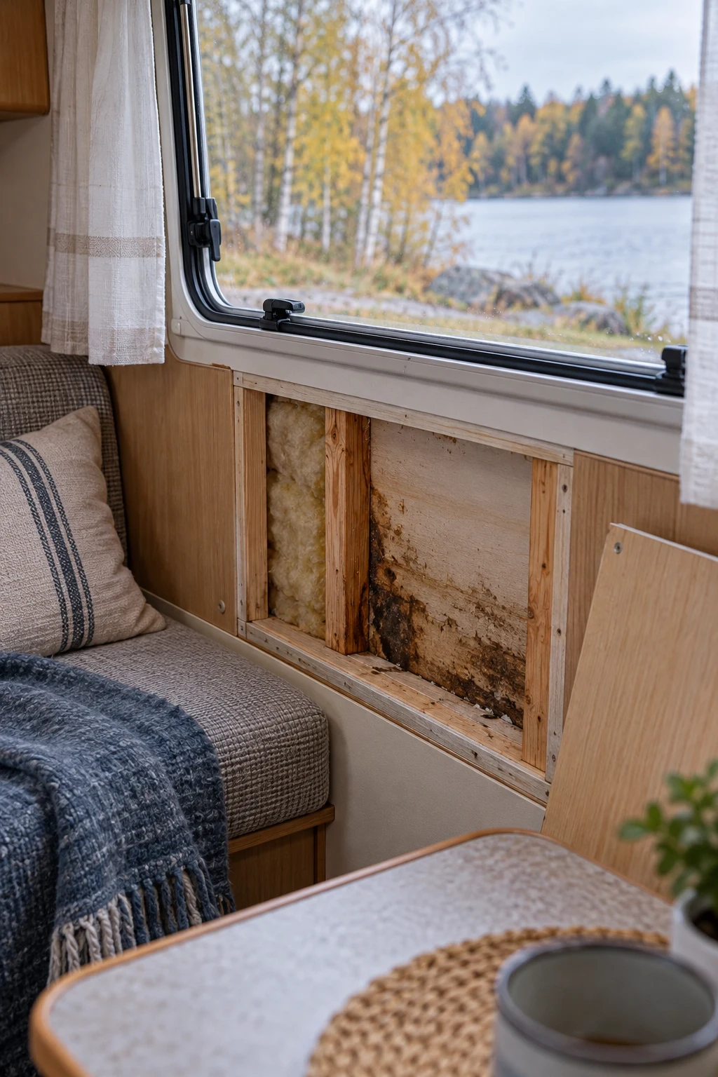Öppnad vägg med fuktfläckar under husvagnsfönstret bredvid en sittgrupp