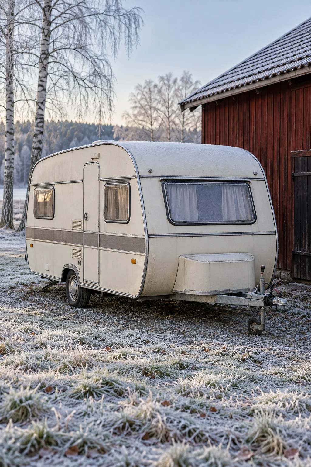Mycket gammal husvagn bakom en lada en frostig morgon