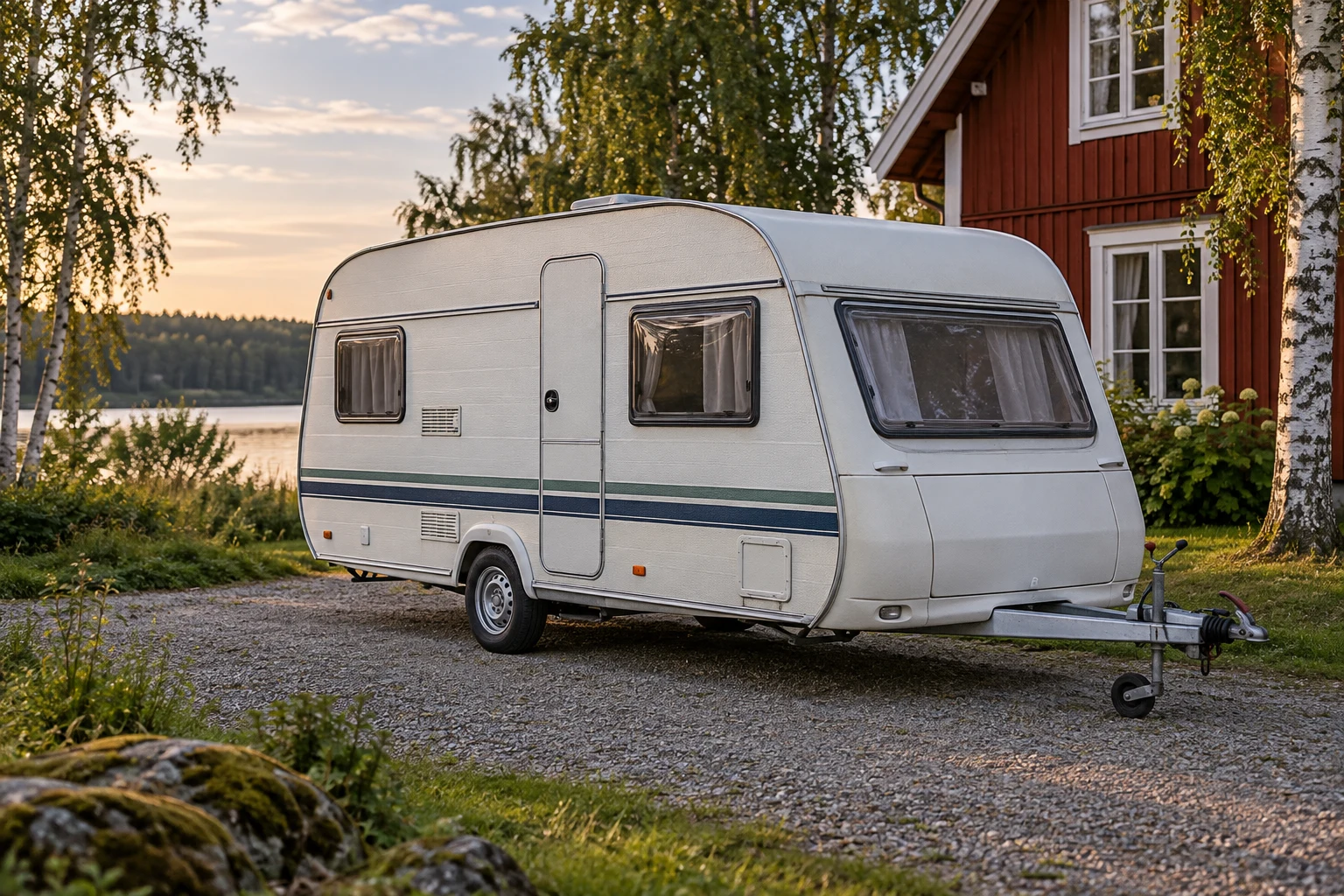Vit husvagn med blekta blå och gröna ränder på en grusuppfart vid ett rött trähus