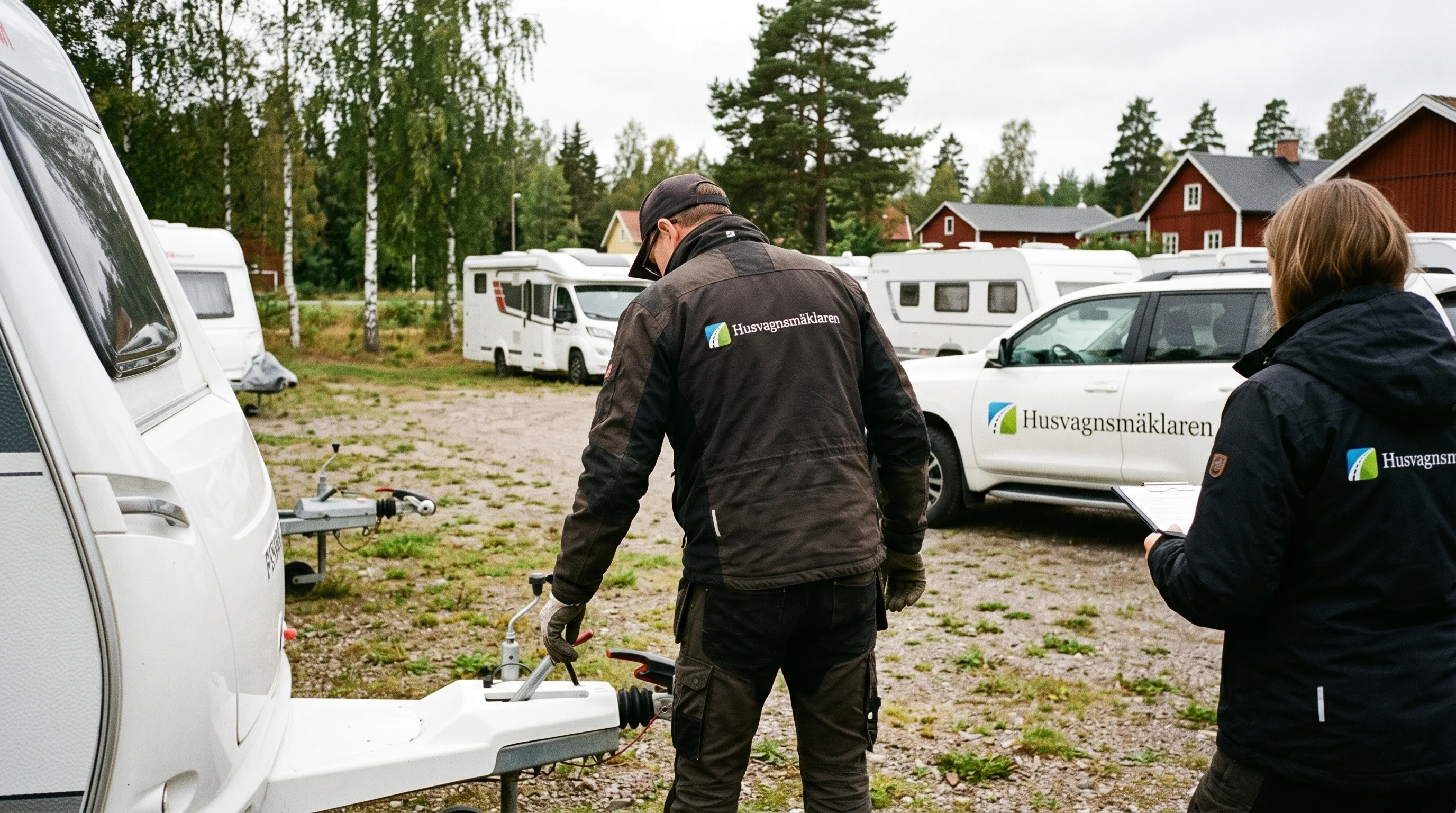 Två personer sedda bakifrån vid husvagnar och en märkt bil på en svensk gårdsplan