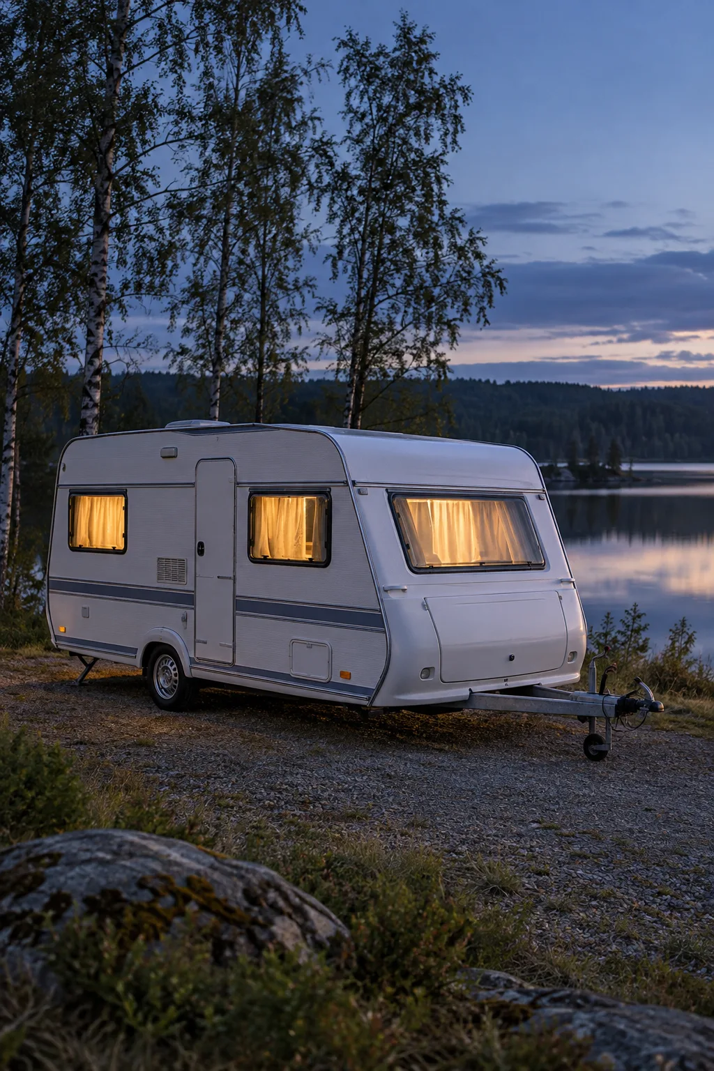 Husvagn vid en stilla sjö med varmt ljus i fönstren