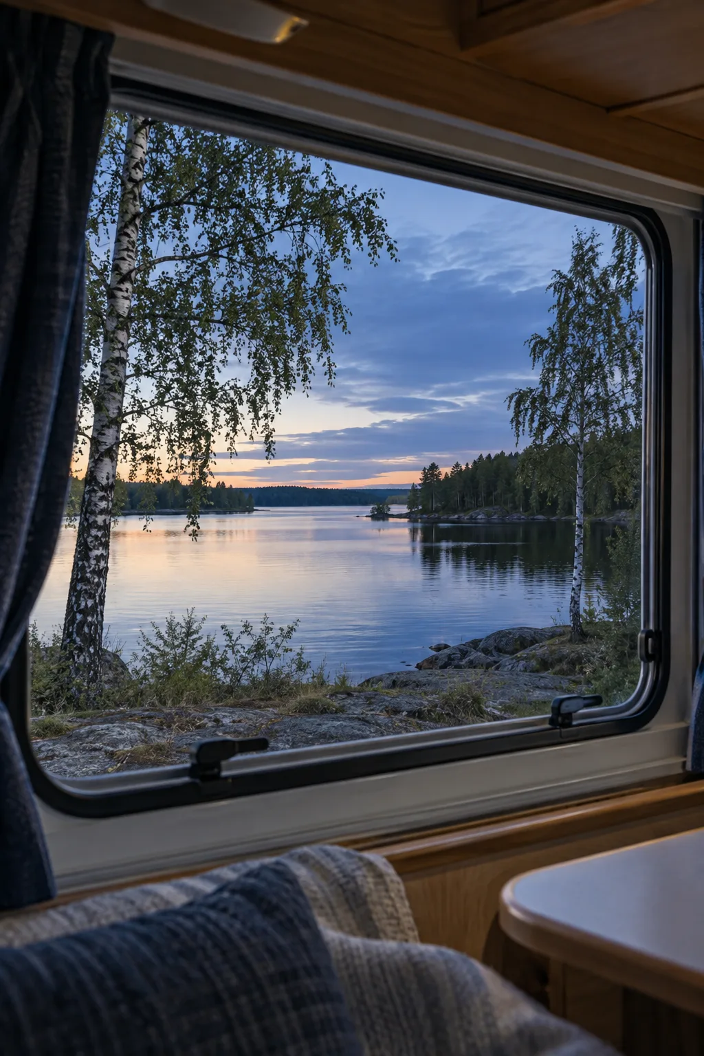 Utsikt över en stilla sjö genom ett husvagnsfönster i skymningen