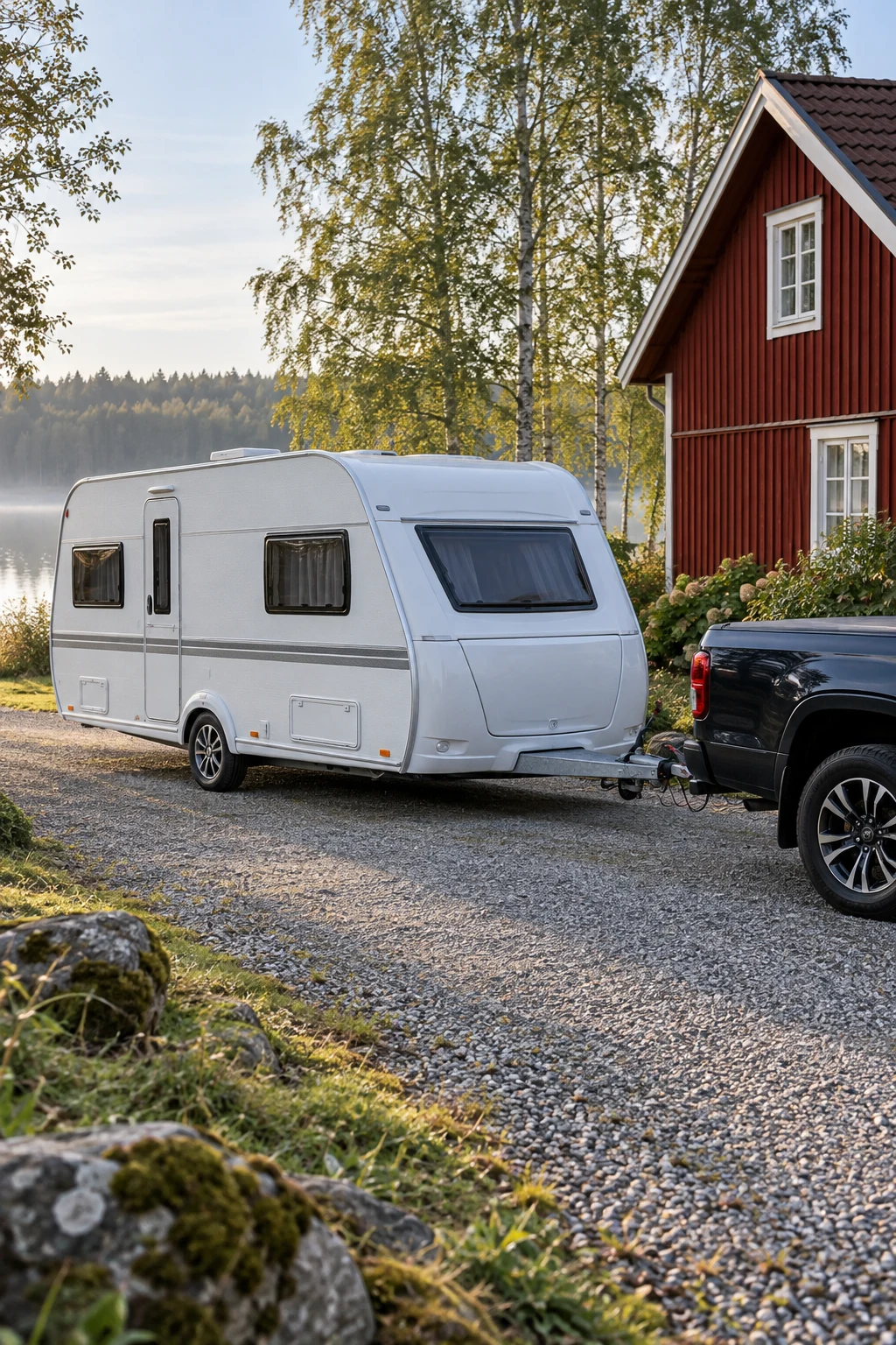 Husvagn kopplad till en mörk pickup på en grusuppfart