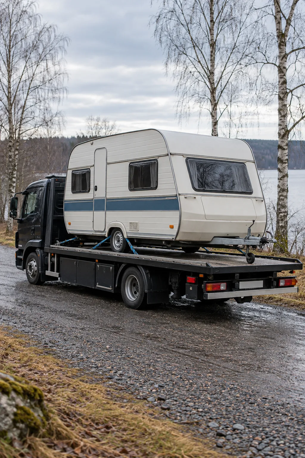 Husvagn lastad på en bärgningsbil vid en väg tidigt på våren